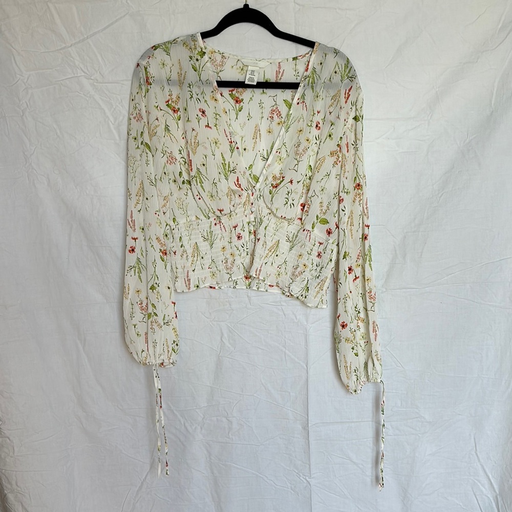 H&M Pink and Green Wrap Blouse with Plunge V-Neckline